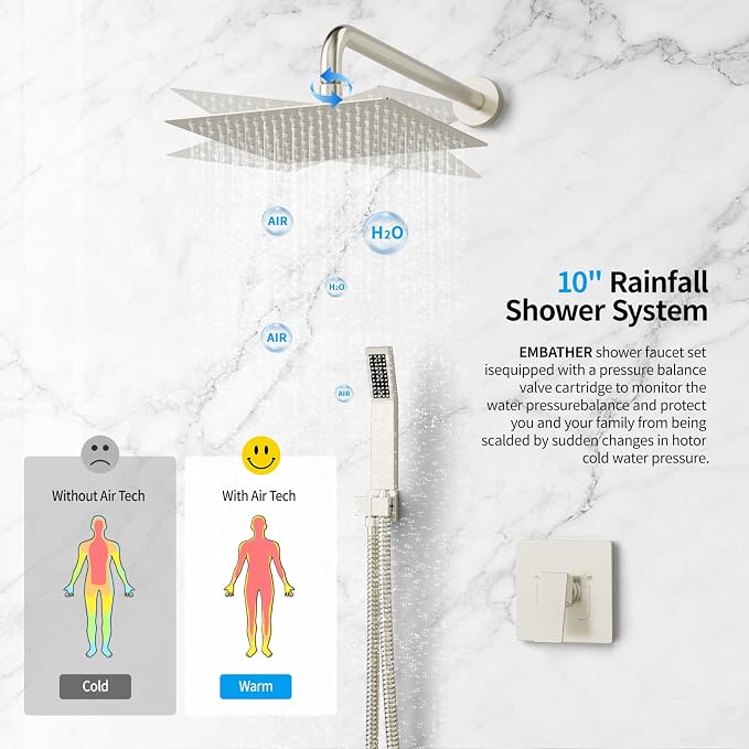 EMBATHER Shower System,10" Shower Faucet Set with Rain Shower Head and Handheld Spray Combo,Included Valve and Trim Kit,Brushed Nickel