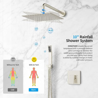 EMBATHER Shower System,10" Shower Faucet Set with Rain Shower Head and Handheld Spray Combo,Included Valve and Trim Kit,Brushed Nickel