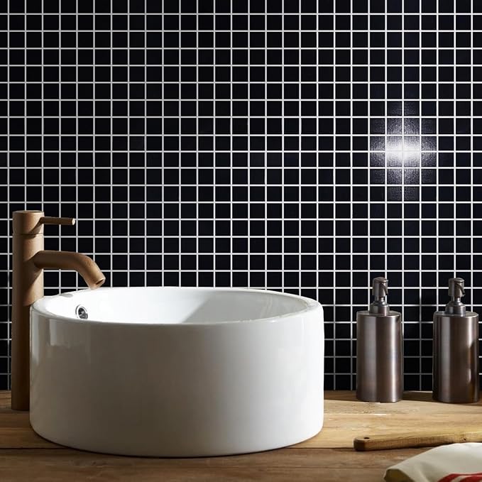 11.5 sq.ft Black Glass Mosaic Tile for Bathroom, Swimming Pool, Backsplash | Waterproof Wall & Floor Tile. Heat & frost resistant outdoors. Mesh-mounted easy install. Use any grout. Easy clean. 10pcs.