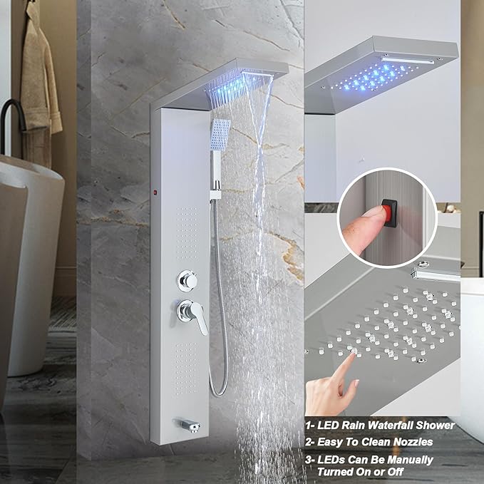 Shower Panel Wall Mount Shower Tower with Body Shower Jets LED Shower Head Rainfall Shower Panels System Stainless Steel Shower Faucet Set, Brushed Nickel