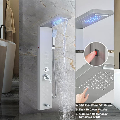 Shower Panel Wall Mount Shower Tower with Body Shower Jets LED Shower Head Rainfall Shower Panels System Stainless Steel Shower Faucet Set, Brushed Nickel
