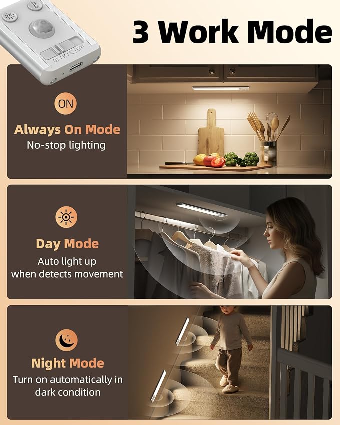 EZVALO 10inch Under Cabinet Lighting, 2500mAh Rechargeable Motion Sensor Lights Indoor with 3 Color Temps, 2 Pack Magnetic Closet Light, 80 LED Dimmable Under Counter Lights for Kitchen, Shelf, Stair
