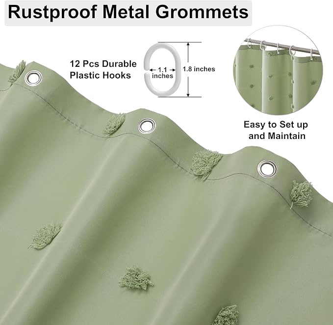 LilyCat Green Farmhouse Tufted Floral Shower Curtain with Tassel, 72" x 78" | Waterproof Boho Fabric Shower Curtain Set with Hooks, Cute Rustic Vintage Bathroom Décor, Minimalist Cloth Bathroom Curtain