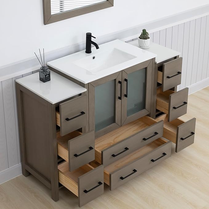 Vanity Art 54 Inch Under Mount Single Sink Bathroom Vanity Cabinet with 1 Mirror, Ceramic Top Bathroom Cabinet Compact Set with 8 Dovetail Storage Drawers and Matte Black Handles, VA3030-54-DG