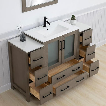 Vanity Art 54 Inch Under Mount Single Sink Bathroom Vanity Cabinet with 1 Mirror, Ceramic Top Bathroom Cabinet Compact Set with 8 Dovetail Storage Drawers and Matte Black Handles, VA3030-54-DG
