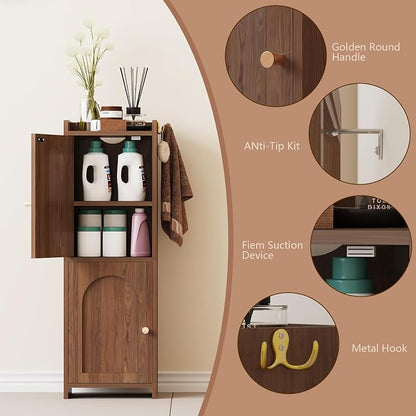 Arbuxzuy Small Bathroom Storage Cabinet with 2 Doors and Adjustable Shelf | Brown Corner Floor Cabinet, Narrow Toilet Paper Cabinets with 2Hooks,Toilet Organizer for Small Spaces, 7.87"D*9.84"W*29.72"H