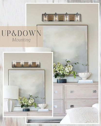 Vanity Lights for Bathroom Large 31.5", Farmhouse Rustic Vanity Light with Bubble Glass Shades, Brown 4 Light Bathroom Lighting Fixtures Over Mirror, Bath Wall Sconce Home Decor