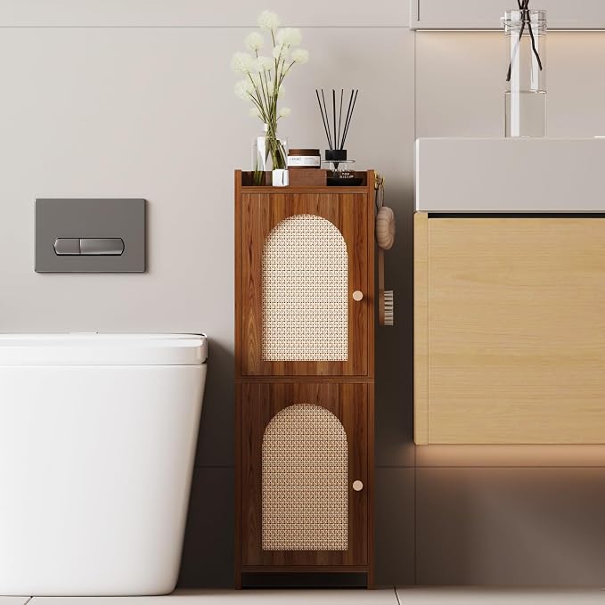 Arbuxzuy Rattan Bathroom Storage Cabinet with 2 Doors and Adjustable Shelf | Brown Corner Floor Cabinet, Narrow Toilet Paper Cabinets with 2Hooks,Toilet Organizer for Small Spaces, 7.87"D*9.84"W*29.72"H