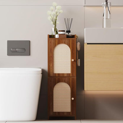 Arbuxzuy Rattan Bathroom Storage Cabinet with 2 Doors and Adjustable Shelf | Brown Corner Floor Cabinet, Narrow Toilet Paper Cabinets with 2Hooks,Toilet Organizer for Small Spaces, 7.87"D*9.84"W*29.72"H