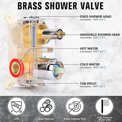 10 Inch Rainfall Shower System with Tub Spout Wall Mounted Complete Combo with Solid Brass Pressure Balancing Valve, High Pressure Shower Head, Handle Set & Installation Accessories Chrome