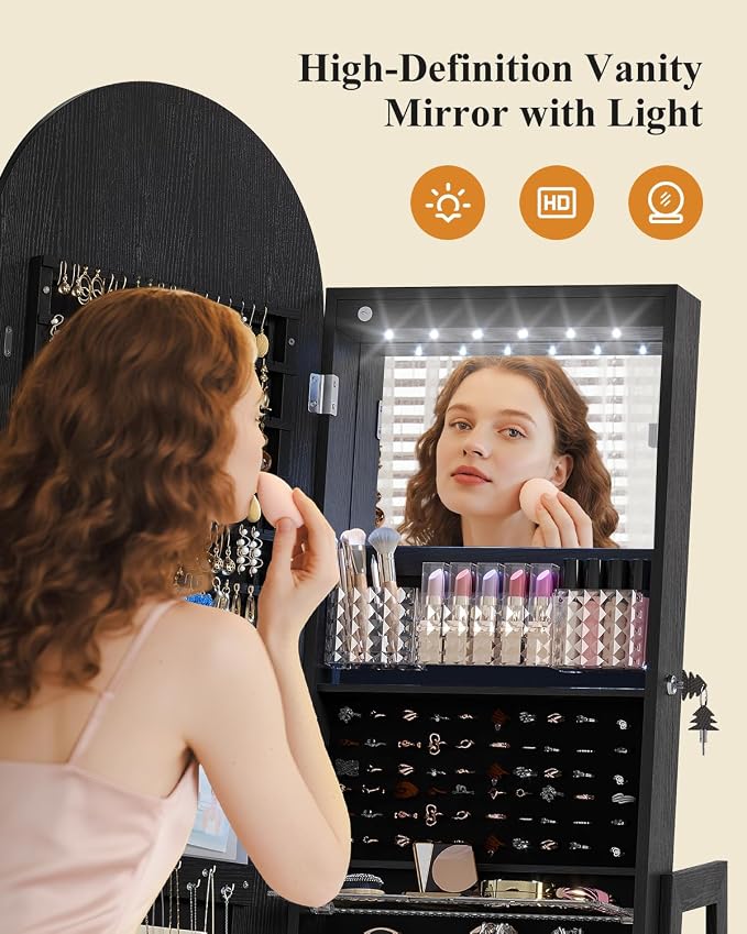 LVSOMT LED Arched Mirror Jewelry Cabinet Standing, Lockable Jewelry Armoire | 360° Swivel Full-Length Mirror with Storage, Large Jewelry Organizer Mirror, Foldable Makeup Shelf, Gift for Women, BlackWood