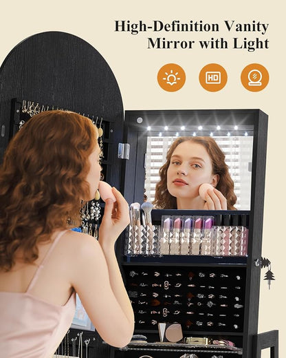 LVSOMT LED Arched Mirror Jewelry Cabinet Standing, Lockable Jewelry Armoire | 360° Swivel Full-Length Mirror with Storage, Large Jewelry Organizer Mirror, Foldable Makeup Shelf, Gift for Women, BlackWood