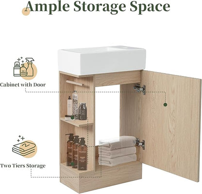 Harper & Bright Designs 18.6" Bathroom Vanity with Sink, Free Standing Single Basin Vanity Set with Storage Cabinet & Two-Tier Shelf, Wooden Bath Cabinet with Ceramic Basin for Bathroom, Natural