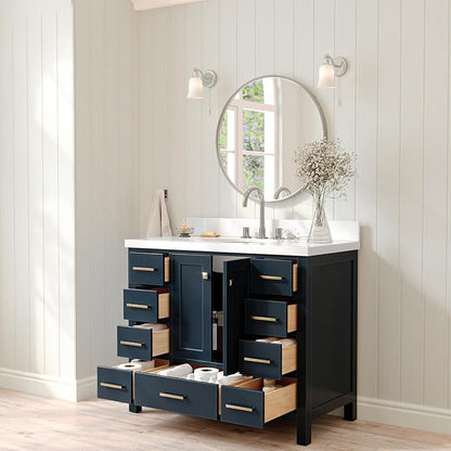 ARIEL Cambridge 42-inch Bathroom Vanity with Sink,Solid Wood, 1.5-inch Pure White Quartz Countertop & Backsplash, Single Oval Porcelain Sink, 2 Soft Closing Doors, 9 Dovetail Drawers, Midnight Blue