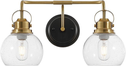 JONATHAN Y 17.5" Brass Gold/Oil Rubbed Bronze Shirley 2-Light Bathroom Vanity Light, Metal Wall Sconce, Clear Seeded Glass Shade, Modern Transitional Farmhouse Fixture, LED Bulbs Included (JYL7404B)