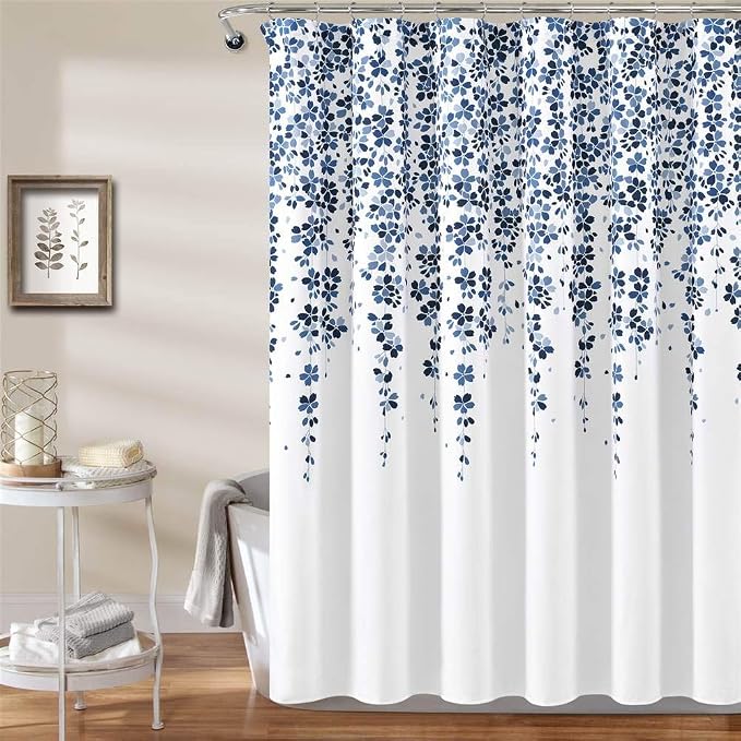 Lush Decor Weeping Flower Shower Curtain 72"W x 72"L White & Navy - Fabric Shower Curtains for Bathroom - Floral Bathroom Curtain - Cottage Core Decor