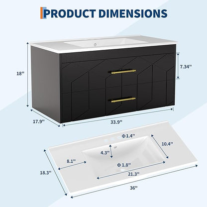 IDEALHOUSE Floating Bathroom Vanity with Sink 36 inch, Modern Bathroom Sink Cabinet, Ceramic Vanity Top, 2 Large Storage Drawers with Gold Metal Handle, Easy to Assembly, Black