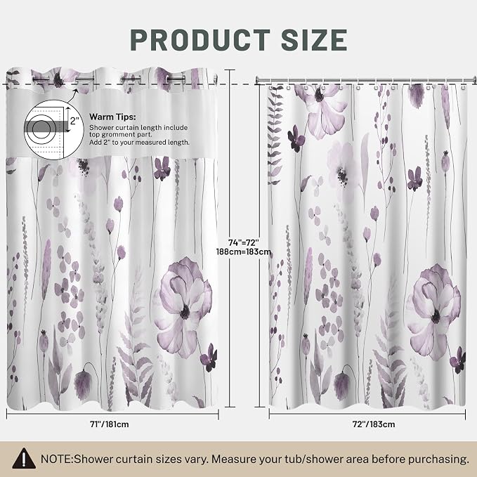 No Hook Floral Shower Curtain with Liner, Plum, 71x74 | Snap in Liner, 3 in 1, Water Repellent, Easy Install, Machine Washable, Hotel Style for Bathroom, Watercolor Pattern
