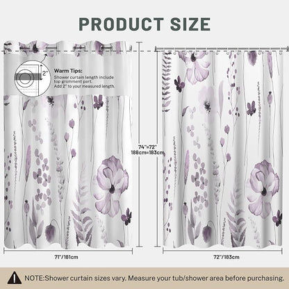 No Hook Floral Shower Curtain with Liner, Plum, 71x74 | Snap in Liner, 3 in 1, Water Repellent, Easy Install, Machine Washable, Hotel Style for Bathroom, Watercolor Pattern