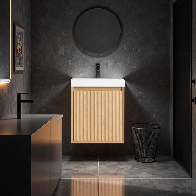 18.5" Bathroom Vanity with Resin Sink, Wall-Mounted Floating Bathroom Vanity with Soft Closed Single Door & Hidden Handle for Home, Undermount Storage Cabinet, Easy to Clean, Natural Wood
