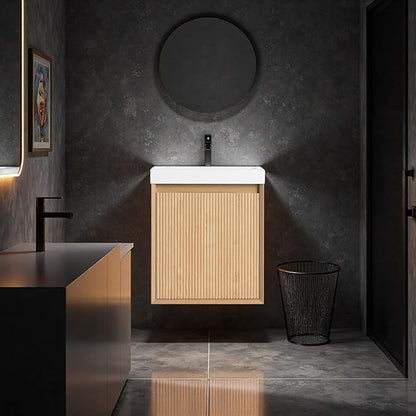 18.5" Bathroom Vanity with Resin Sink, Wall-Mounted Floating Bathroom Vanity with Soft Closed Single Door & Hidden Handle for Home, Undermount Storage Cabinet, Easy to Clean, Natural Wood