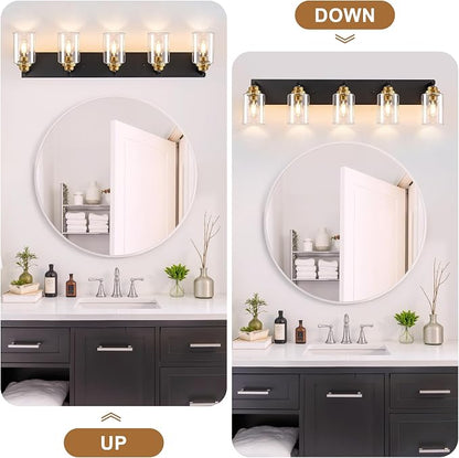 5-Light Black and Gold Bathroom Vanity Light, Clear Glass Shade | 35.4" Wall Mount Over Mirror Lighting Fixtures, Brushed Gold Finish, Durable Metal, Modern Farmhouse Style, for Bathroom