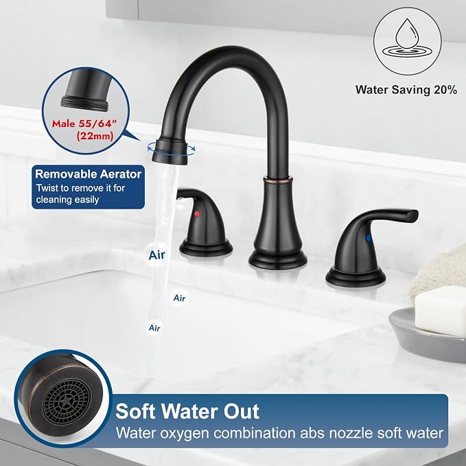 Oil Rubbed Bronze Widespread Bathroom Sink Faucet, 3 Hole 8 Inch | Modern Bathroom Faucet 3-Hole,2 Handles,Pop-Up Drain & Supply Lines,Deck Mount Vanity Faucet,1.2 GPM,SUS304 Stainless Steel