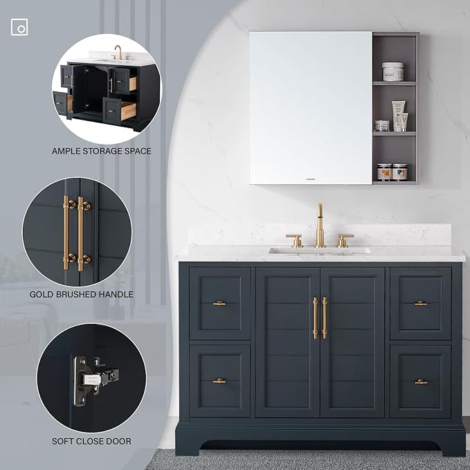 HOMEBEYOND 48 Inch Bathroom Vanity with Single Sink & Ceramic Top, Vanity Cabinet with Center Countertop Basin, Soft-Closing Doors, Backsplash, Vintage Spruce Blue