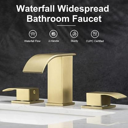 Brushed Gold 8 Inch Waterfall Bathroom Faucet - Bathroom Faucets for Sink 3 Hole, Widespread Bathroom Sink Faucet 2 Handles, Modern Vanity Faucets, with cUPC Supply Lines