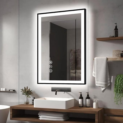 EchosLife 24x36 LED Bathroom Mirrors for Wall - Black Aluminum Framed | Black Frame, Front and Backlit, Anti-Fog, Stepless Dimmable, 3 Colors, Memory, Tempered Glass, UL Listed, Horizontal/Vertical