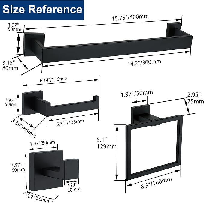 5 Pieces Bathroom Hardware Accessories Set Matte Black, 16Inch Square Towel Racks Set for Bathroom, SUS304 Stainless Steel Towel Bar Set, Bath Accessories Sets Wall Mounted