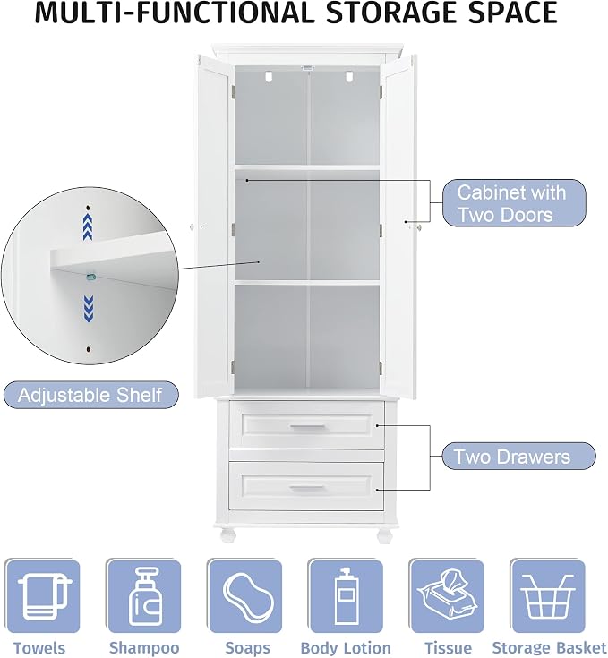 Merax 62.5" Pantry Cabinet with Two Doors & Two Drawers, Adjustable Shelves Storage Cupboard for Kitchen/Dining Room/Bathroom, White