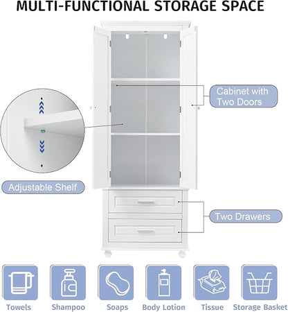 Merax 62.5" Pantry Cabinet with Two Doors & Two Drawers, Adjustable Shelves Storage Cupboard for Kitchen/Dining Room/Bathroom, White
