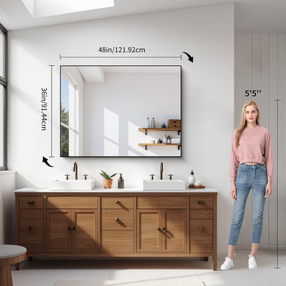 YIROMAN Bathroom Mirror for Wall 48"x36", Large Matte Black Bathroom Mirror with Metal Frame, Rectangular Vanity Mirror with Right Angles, Wall Mirror Hangs Horizontal or Vertical, Shatterproof