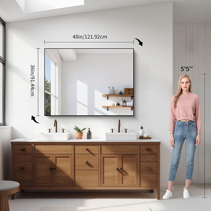 YIROMAN Bathroom Mirror 48"x36", Large Brushed Silver Bathroom Mirror for Over Sink with Aluminum Frame, Rectangular Vanity Mirror with Right Angle, Wall Mirror Hangs Horizontal or Vertical