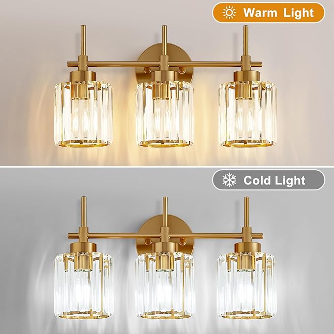 Bathroom Lighting Fixtures, 3 Light Gold Bathroom Light Fixtures with Clear Shades Modern Crystal Vanity Light Bath Room Vanity Lighting Over Mirror Wall Light