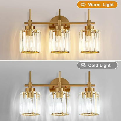 Bathroom Lighting Fixtures, 3 Light Gold Bathroom Light Fixtures with Clear Shades Modern Crystal Vanity Light Bath Room Vanity Lighting Over Mirror Wall Light