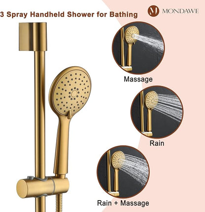 MONDAWE 9 Inch Wall Mounted Shower Faucet Set with Tub Spout in Brushed Gold, Rainfall Shower Head with 3-Setting Handheld Spray Shower Combo, High Pressure Shower System with Solid Brass Valve