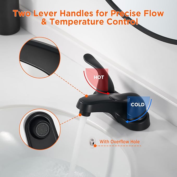 Bathroom Sink Faucets 2/3 Hole,Matte Black Dual Handles 4 inch Plastic Plating Over Bathroom Faucet with Pop-up Drain and 2 Supply Hoses for Apartment Rvs Sink Vanity