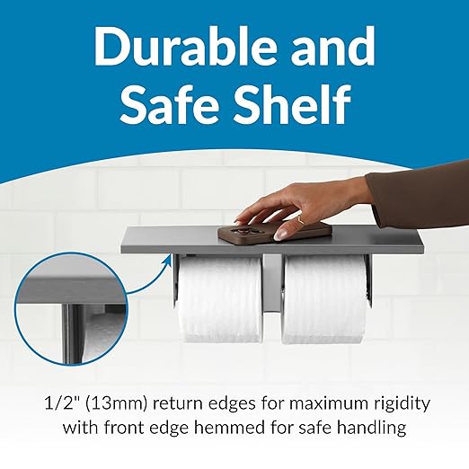 Bobrick Toilet Tissue Dispenser with Utility Shelf, Surface-Mounted, Satin-Finish Stainless Steel, Holds Two Standard Rolls, Dual Roll Capacity, Ideal for Commercial Restrooms (Model B-2840)