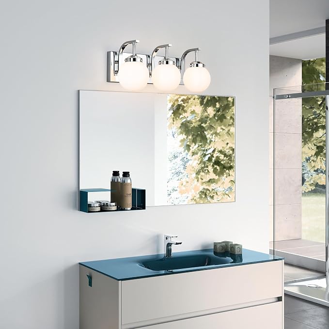 3 Lights Bathroom Vanity Light Fixtures Modern Chrome Vanity Light with Milk White Glass Globe Shade Bathroom Lighting Over Mirror Wall Sconce for Bedroom Living Room Hallway