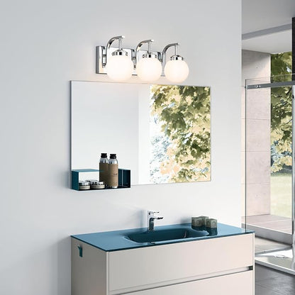3 Lights Bathroom Vanity Light Fixtures Modern Chrome Vanity Light with Milk White Glass Globe Shade Bathroom Lighting Over Mirror Wall Sconce for Bedroom Living Room Hallway