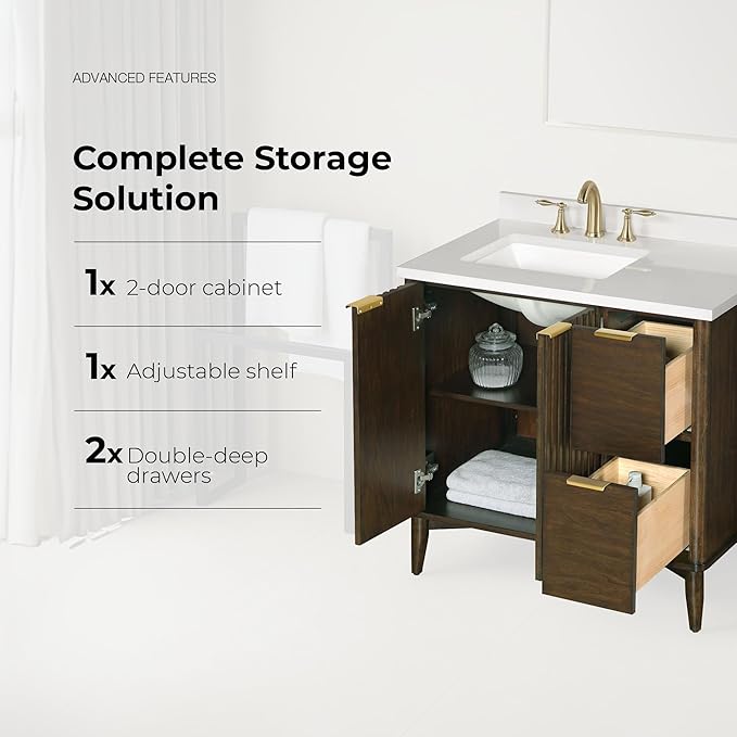 OVE Decors Indy 36 in. Undermount Single Sink Bathroom Vanity with White Engineered Marble Top, Dark Walnut