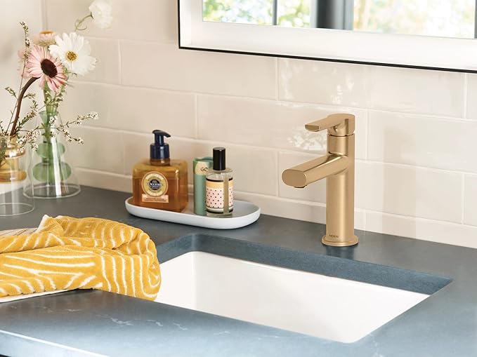 Moen Meena Bronzed Gold One-Handle Single Hole Modern Bathroom Sink Faucet with Optional Deckplate and Drain Assembly, 84794BZG