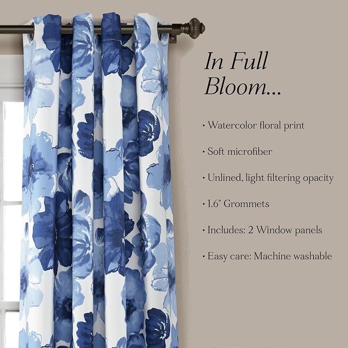 Lush Decor Leah Light Filtering Window Curtain Panels, Pair, 52" W x 84" L, Navy & White - Floral Drapes for Bedroom - Navy Curtains - Farmhouse Decor