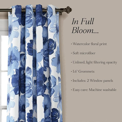 Lush Decor Leah Light Filtering Window Curtain Panels, Pair, 52" W x 84" L, Navy & White - Floral Drapes for Bedroom - Navy Curtains - Farmhouse Decor