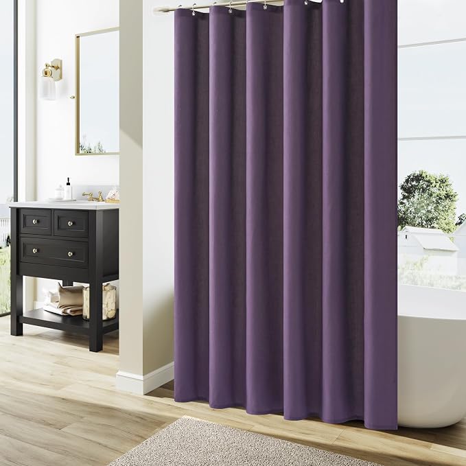 Purple Linen Shower Curtain, Country Boho Farmhouse Bath Decor Shower Curtains Neutral Cloth Weighted Textured Fabric Bath Curtain Liner with Hooks, 72x78