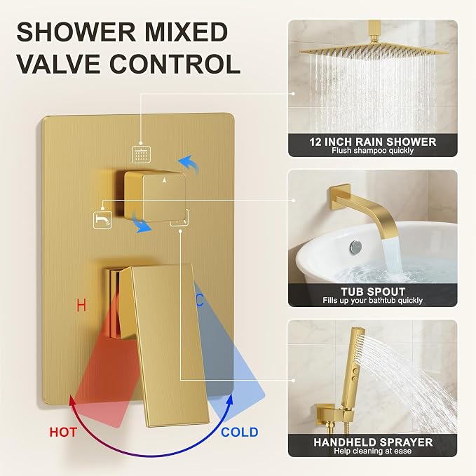 Brushed Gold Shower System with Tub Spout, Ceiling Mounted Bathtub Shower Faucet Set, 12" Rainfall Shower Head and Handheld Shower Combo, High Pressure Shower Fixtures Set with Rough-in Valve