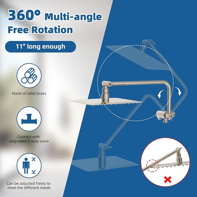 12" Metal Rainfall Shower Head with 10-Mode Handheld, Brushed Nickel | NSF/ANSI/CAN 372 Certified, High Pressure Showerhead Combo with 11" Adjustable Shower Arm, 71" Hose, Shower Head Holder