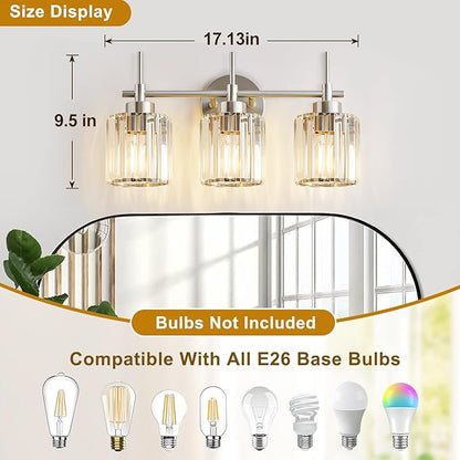 3 Light Crystal Bathroom Light Fixtures, Brushed Nickel Vanity Mirror Lights, Crystal Bath Vintage Wall Mounted Lamps Wall Light Fixtures for Bathroom, Living Room